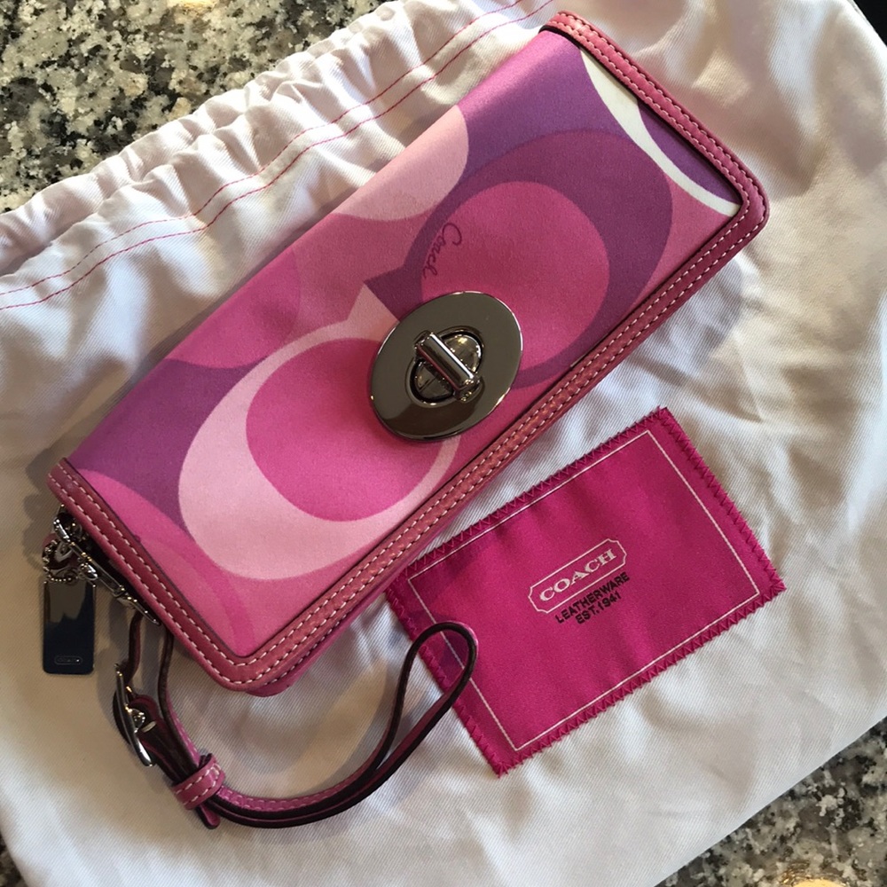 Coach signature pink scarf print clutch